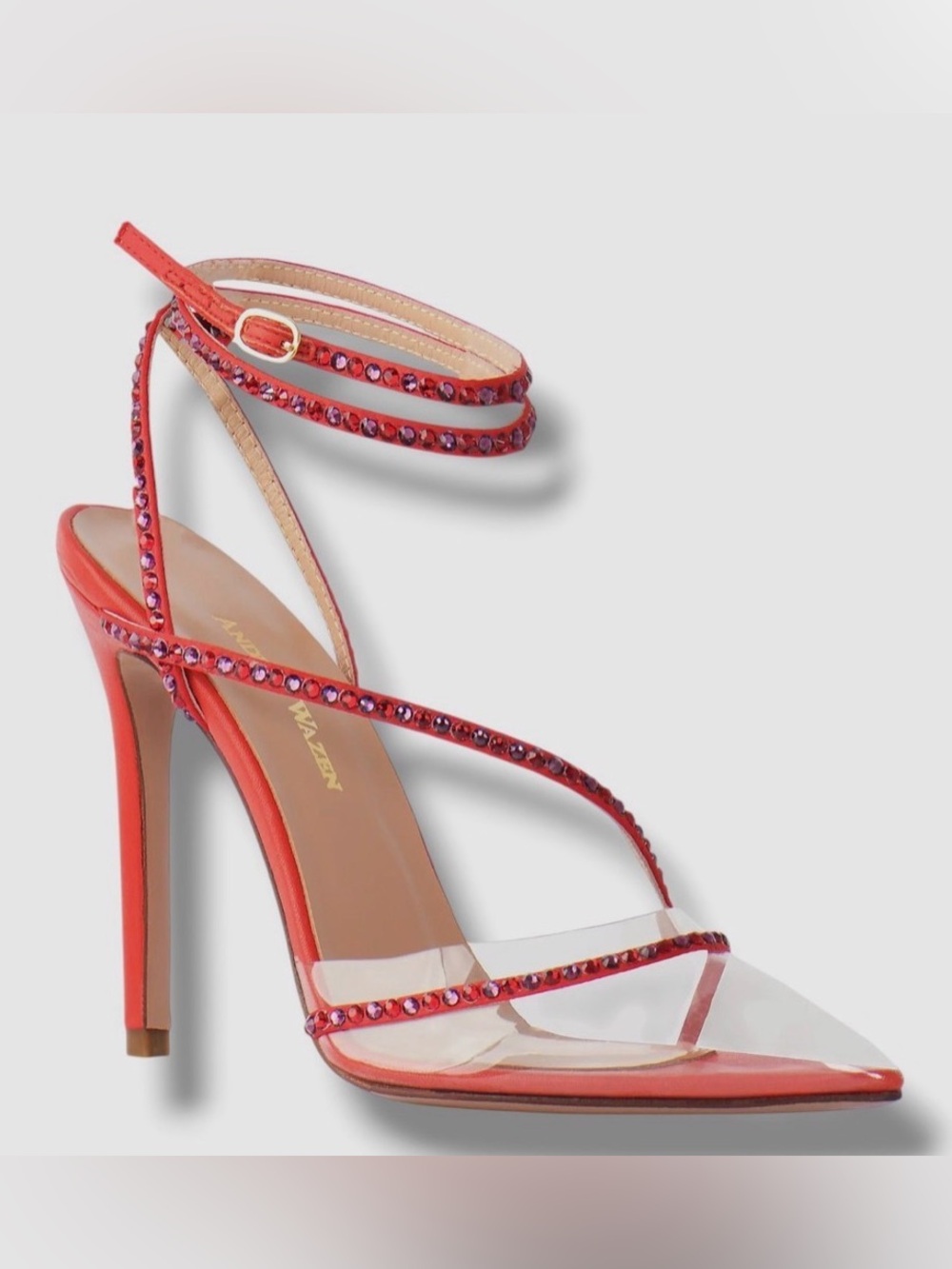 Andrea Wazen Never Worn Red Crystal-Strap Stiletto Sandal with Clear Toe